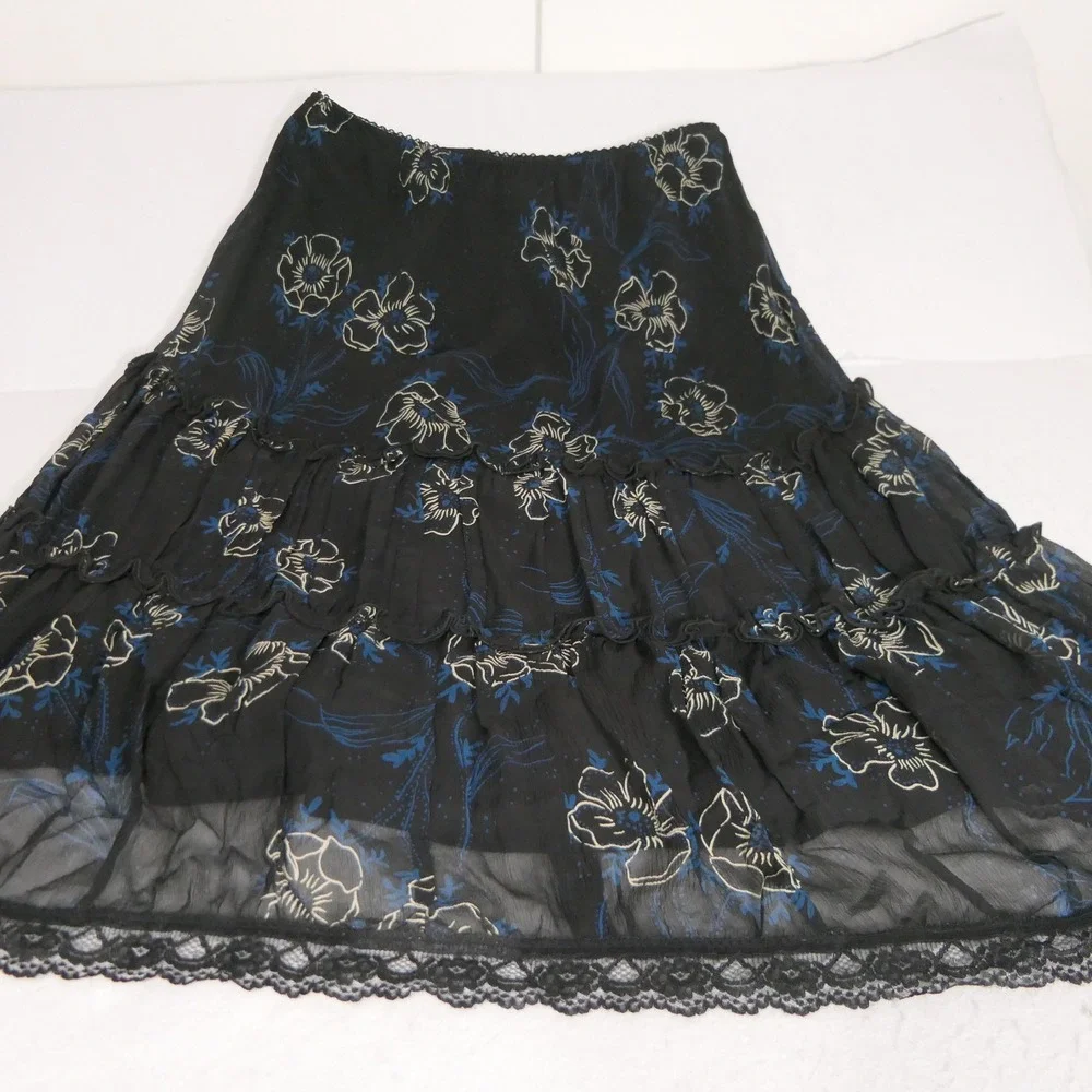 INC Women Silk Skirt 8 Black Midi Floral Tiered Lace Trim Romantic Feminine Goth